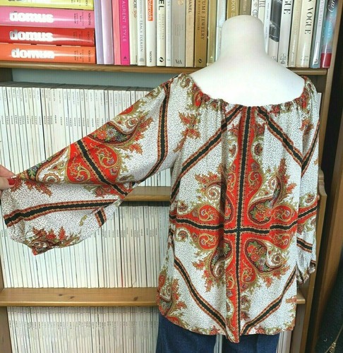 Vintage 1970s Blouse Top 14 16 Peasant Gypsy Paisley Print Off Shoulder Bardot - Imagen 5 de 11