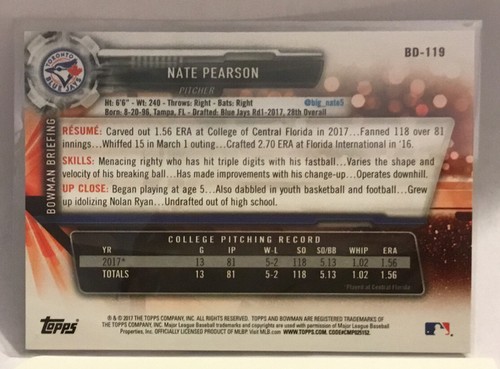 2017 BOWMAN NATE PEARSON 1ST ROOKIE #BD-119 BLUE JAYS MSK - Picture 2 of 2