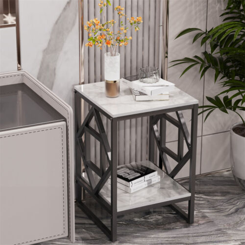 Sleek White Marble Side Table Sofa End Table Bedside Nightstand w Durable Frame - Picture 2 of 12