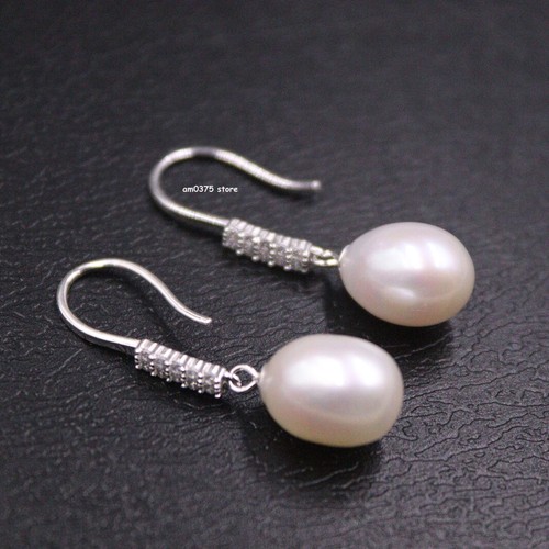 Real 925 Sterling Silver Women's Natural Freshwater Pearl Earrings Hook 1.18inch - Picture 2 of 5