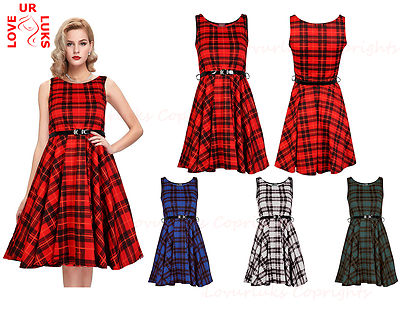 Women Ladies Sleeveless Belted Tartan Check Print Skater Flared Dress Top 8-26
