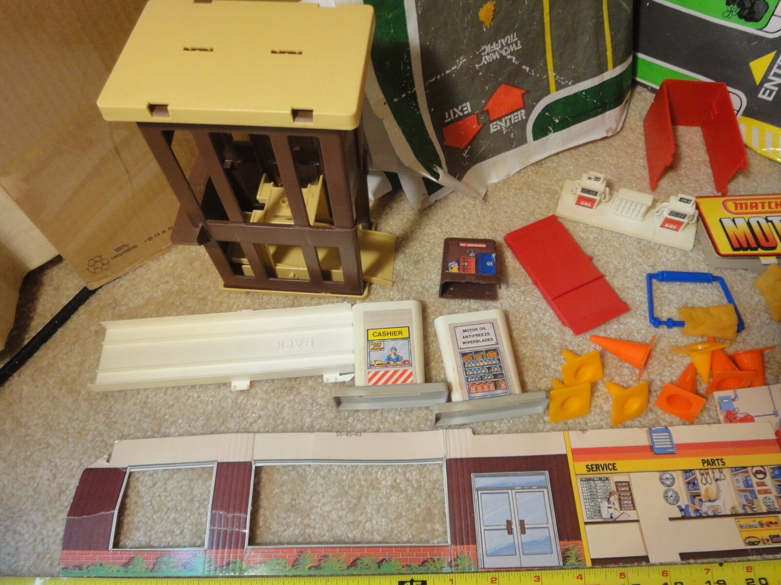 Vintage Matchbox play set parts, pieces lot. Signs, ramps, elevator