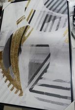 25.5in x 37.5in Black Framed Canvas Portrait- Black, Gold, Grey & White