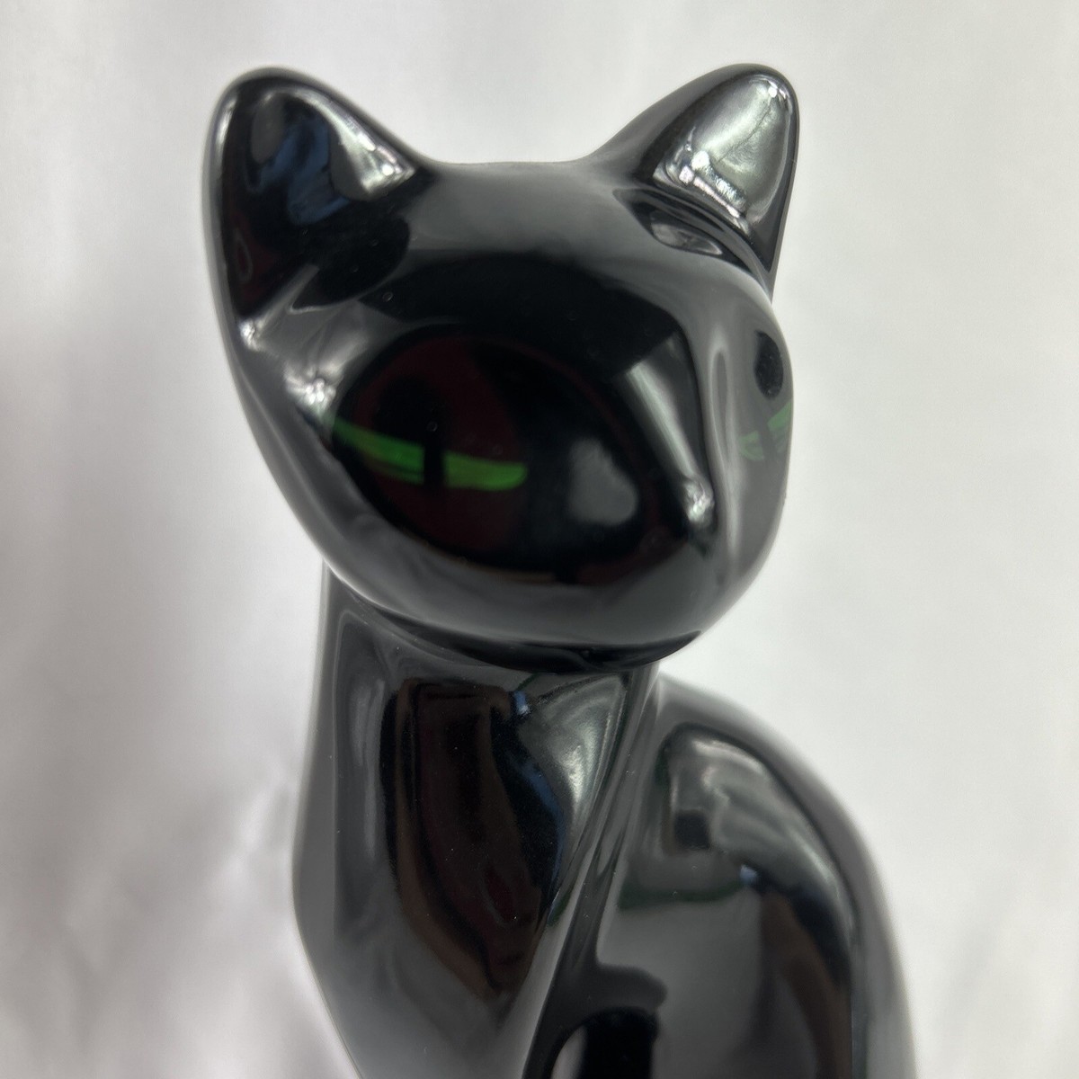 Vintage Mid Century Porcelain Black Cat w/ Green Eyes Statue