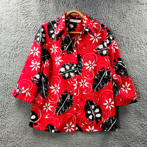 Vintage Club Capri Womens Blouse Top Size 12 Red Black White Floral 3/4 Sleeve