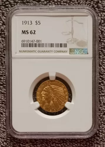 1913 $5 gold Half Eagle, NGC MS 62