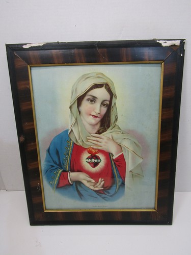 OLD VINTAGE SACRED HEART OF MARY RELIGIOUS PICTURE WOOD FRAME - Picture 1 of 6