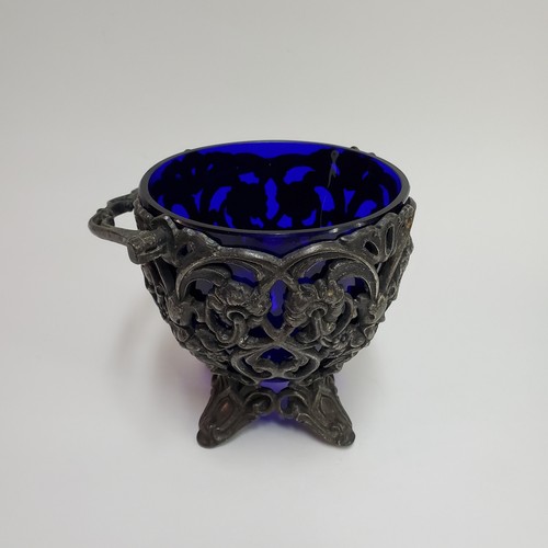 Detachable Cobalt Glass and Pewter Bowl with Handle - Picture 1 of 10