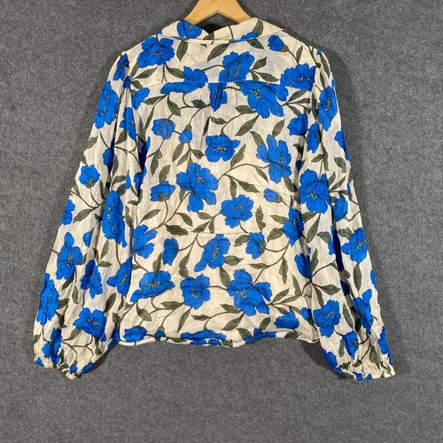 Witchery Shirt Womens 18 Plus Blue Beige Linen Silk Button Up Collared Flowers - Picture 11 of 12