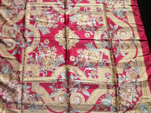 Vintage Print Scarf Flowers & Scrolls Dark Red Tan Brown Green SC56 - Picture 2 of 12