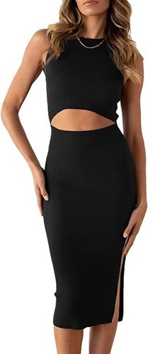 Women's Summer Midi Bodycon Dress Casual Crew Neck Side Slit Sleeveless Knit Sml - Picture 2 of 6