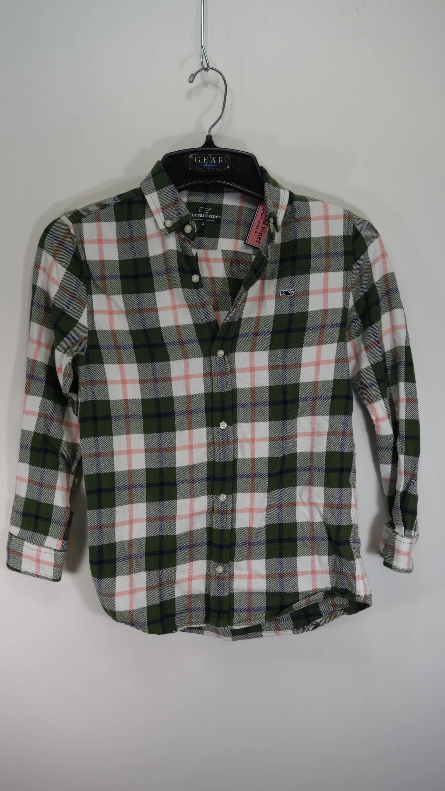 Vineyard Vines Boys Green Grid Pattern Whale Dress Button Up Shirt Size Small