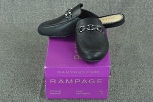 WOMENS-RAMPAGE-SIZE-8M-BLACK-DACEY-BUCKLE-DETAIL-LOAFER-FRONT-MULES-NIB