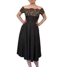 Vintage 1940s Black Taffeta Lace Off-the-Shoulder Evening Gown Cocktail Dress XS