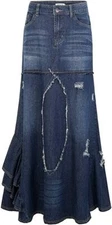 Women's Distressed Packaged Hip Irregular Ruffle Tiered Maxi Denim Skirt 