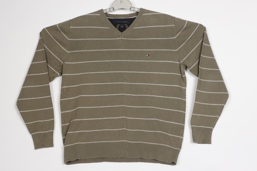 Tommy Hilfiger vneck sweater men small 100% cotton khaki + white stripes beige