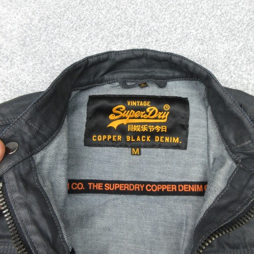 Superdry Jacket Mens Medium Black Waxed Copper Black Denim Biker Bomber Wet Look - Picture 2 of 11