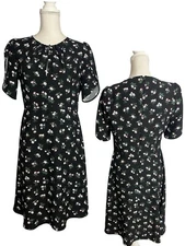 Kate Spade 6 Black Floral Tulip A-Line Flowy Dress Split Sleeves Cottagecore
