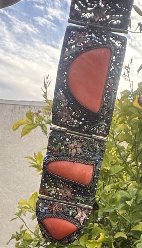 Rare Antique Chinese Large Coral Cloisonne Enamel Silver Filigree Bracelet - Picture 6 of 24