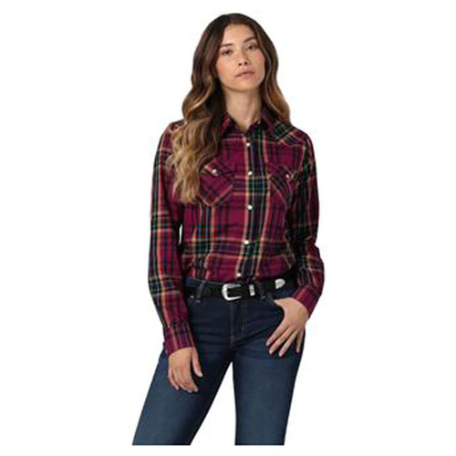 112335502 Women's Wrangler Essential Snap Shirt - Purple Plaid NEW - Picture 3 of 8