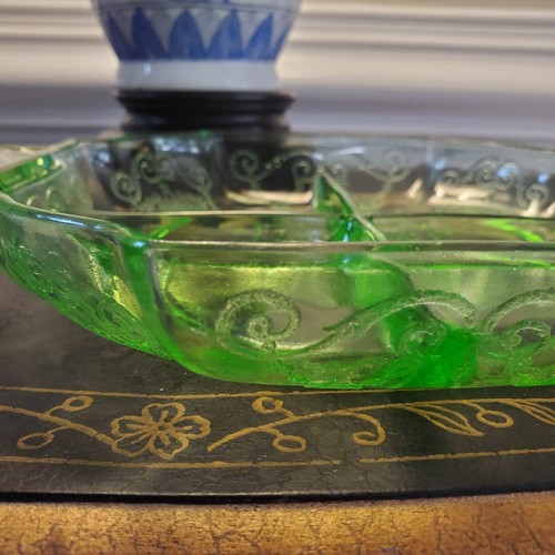 Uranium Green Glass LORAIN Divided Dish Depression Era Indiana Glass Embellished - Picture 21 of 24