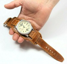 Brown leather watch band, Retro bund strap, Custom cuff pad 18mm 20mm 22mm 24mm