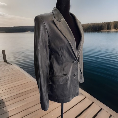 Danier Black Leather Blazer Jacket Womens XS Notch Lapel Pockets Lined Canada - Picture 5 of 10