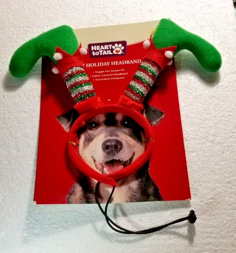 Pet Holiday ELF Headband Fabric Pom-Poms Sparkle Toggle Adjustable NEW  - Picture 1 of 3