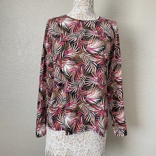 Lands End Sz L 14 16 Pink Brown Palm Leaf Crew Swim Tee Rash Guard Long Sleeves