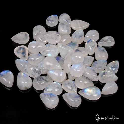 50 Pcs Natural Rainbow Moonstone 9-11mm Pear Blue Shines Cabochon Gemstones Lot - Picture 4 of 4