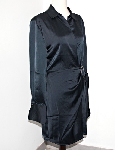 HOUSE OF HARLOW Front Rhinestone Buckle Satin Wrap 35" Mini Dress in Black sz L - Bild 6 von 17