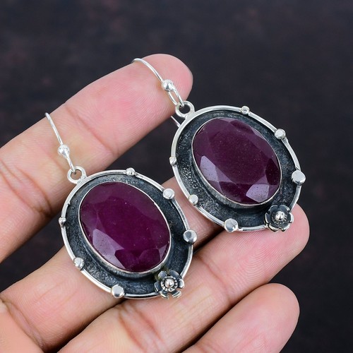 Valentines Deal Sterling Silver Kashmir Rubi Gemstone Hook Drop Earrings Jewelry - Picture 3 of 7