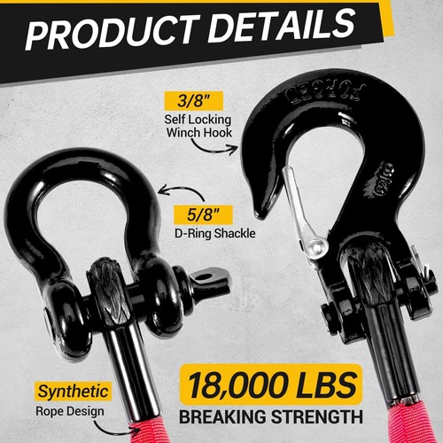 4FT Recovery Strap ATV UTV 18000lb with D Ring Shackle and Winch Hook Synthet... - Picture 3 of 8