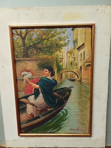 LUIGI LANZA QUADRO OLIO SU TAVOLA 22,5X33 CM DONNA IN GONDOLA A VENEZIA BELLO - Foto 2 di 7