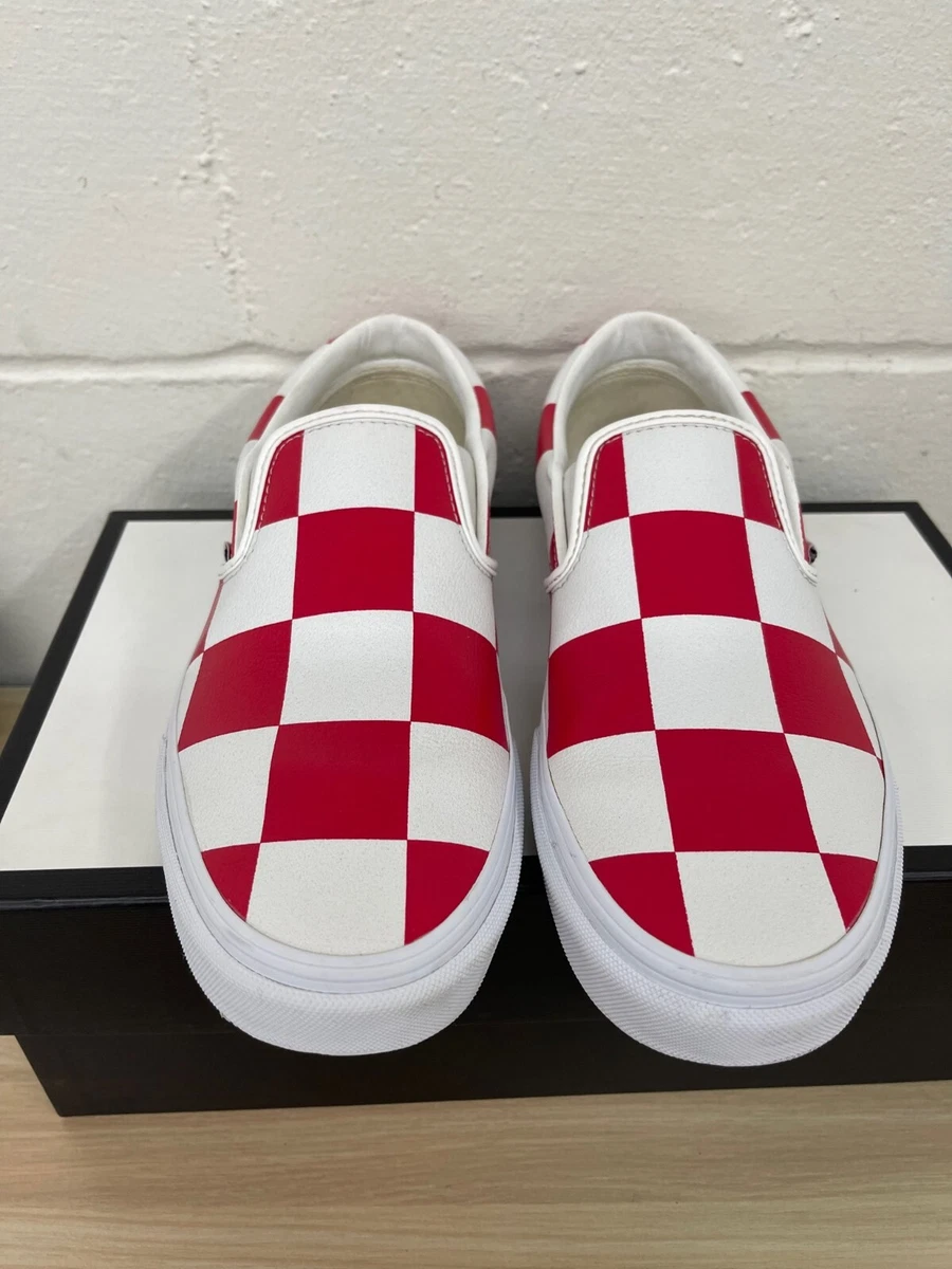 Red and white sales checkered vans slip ons