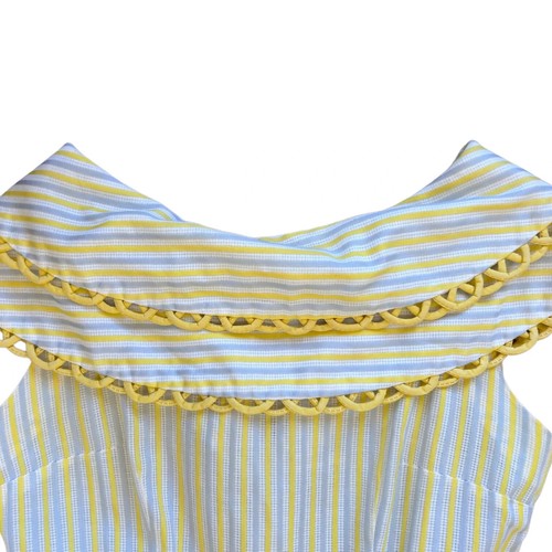 Vestido sin solero vintage años 50 amarillo a rayas con cinturón ajuste y acampanado cuello marinero XXS/XS - Imagen 5 de 6