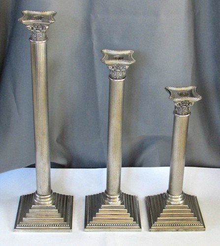 Three Godinger Silver Plated Candle Holders - Vertical Reeding - Stairstep Bases - Picture 1 of 7