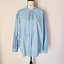 J. Peterman Pintuck Mandarin Neck Popover Top Long Sleeve Half Button Blue Sz.L