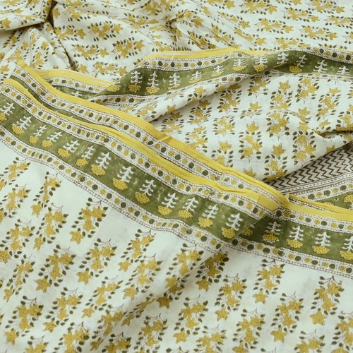 Vintage Ivory Sarees Pure Cotton Block Printed Sari 5yd Sewing Craft Fabric Soft