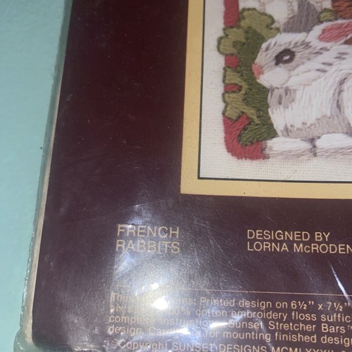 Vtg 1982 Sunset Stitchery 451 Crewel Embroidery Kit French Rabbits NOS 4x5" - Picture 3 of 7