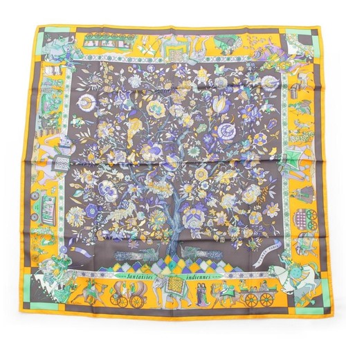 HERMES Scarf Carre90 Silk Square "Fantaisies Indiennes" Gray 120712K Authentic - Picture 1 of 24