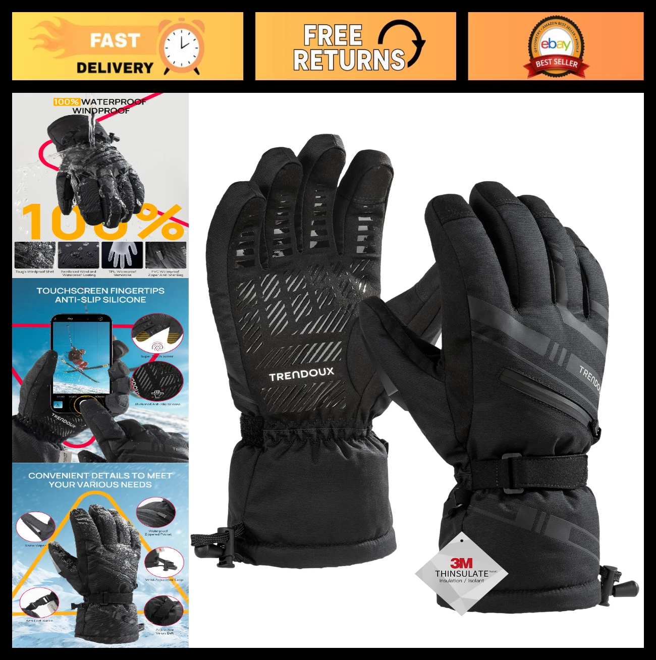 Waterproof Winter Ski Snow Gloves - 3M Thinsulate, Cold Weather, Touchscreen, In