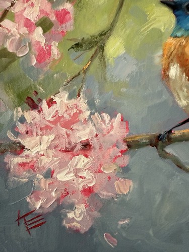 Bluebird Blossoms Original Oil Painting 10 X 10 Inches Bird Art Impressionist - Picture 2 of 3