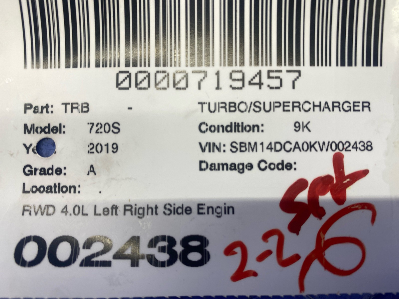 2018-2023 Mclaren 720S RWD 4.0L Left Right Side Engine Motor Turbocharger Set