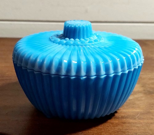 Vintage 30er Jahre Akro Achat Co.? Blaue Schlacke Glas Waschtisch Puderdose oder Schmuckschatulle - Bild 1 von 10