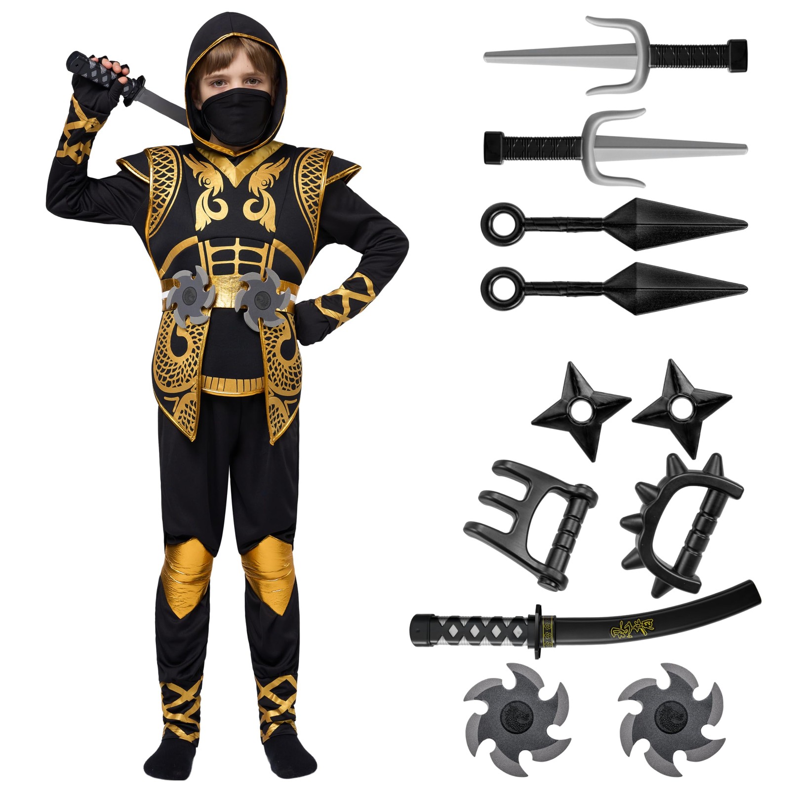 Ensemble de costumes Golden Ninja : fini les bobos grâce aux accessoires en mousse