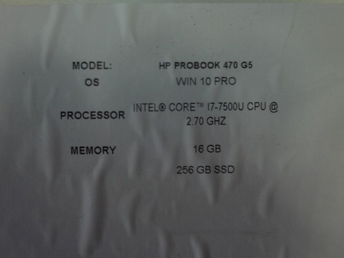 HP ProBook 470 G5 17.3'' Core i7-7500U 2.70GHz 16GB 256GB SSD W10 Laptop (M80) - Afbeelding 7 van 7