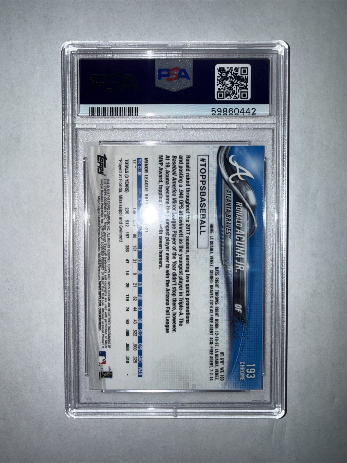 2018 Topps Chrome Ronald Acuna Jr. Rookie Card PSA 10 #193 AtlantaBraves view 2