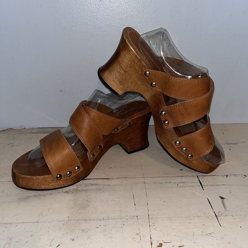 VTG Candies Brown Strappy Studded Wood Platform Chunky Heel Clog Sandal Sz 10 - Picture 7 of 11