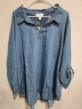 CJ Banks Women's 3X Blue Chambray Lace Up Neck Crochet Back Long Sleeve Top NWT 